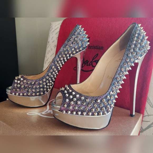 CHRISTIAN LOUBOUTIN Metallic Lame Lady Peep Spike Platform Pumps Size 37 - Picture 5 of 16